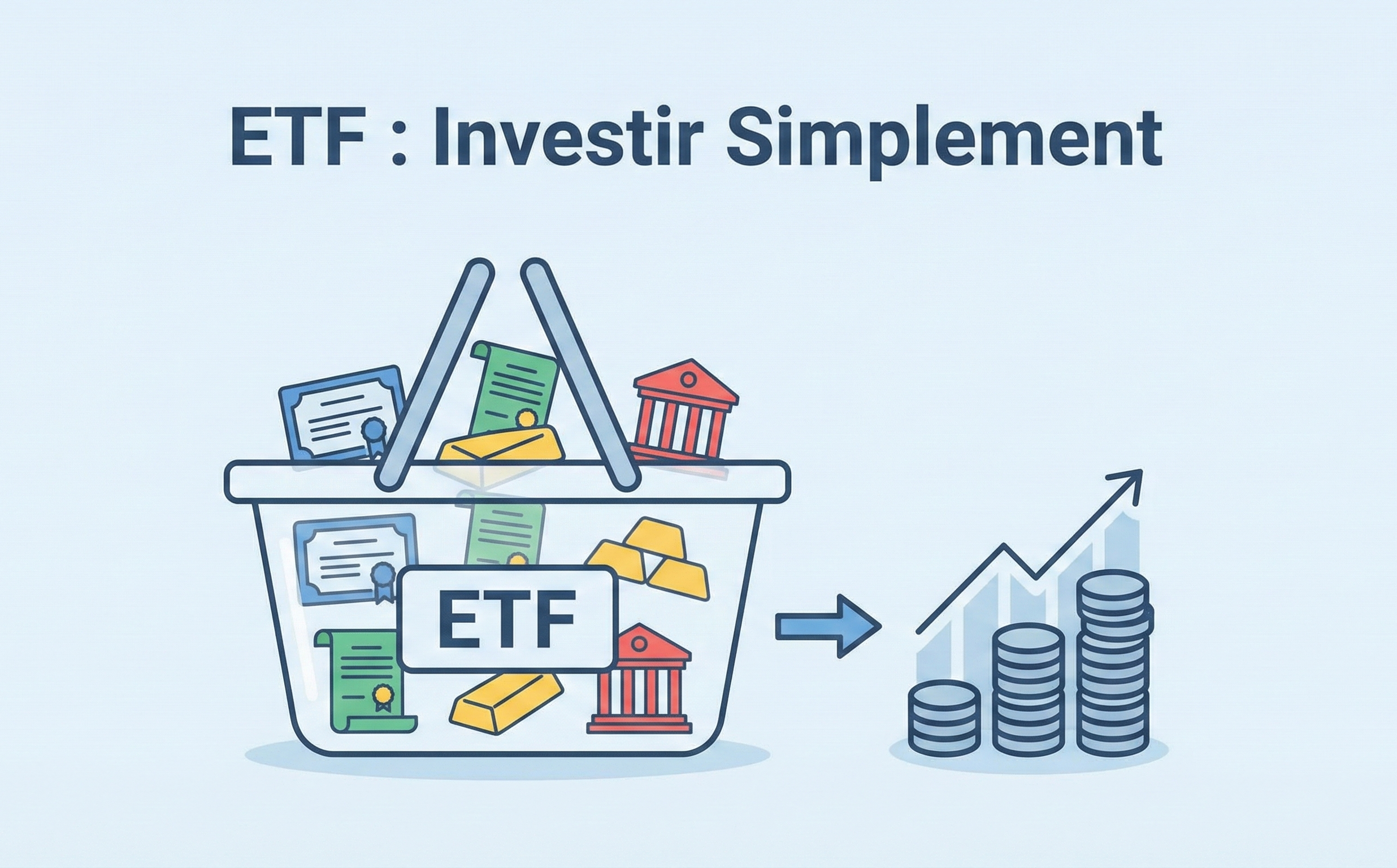 Illustration Pauséco du fonctionnement d'un ETF (Tracker) : un panier diversifié regroupant plusieurs actions en Bourse.