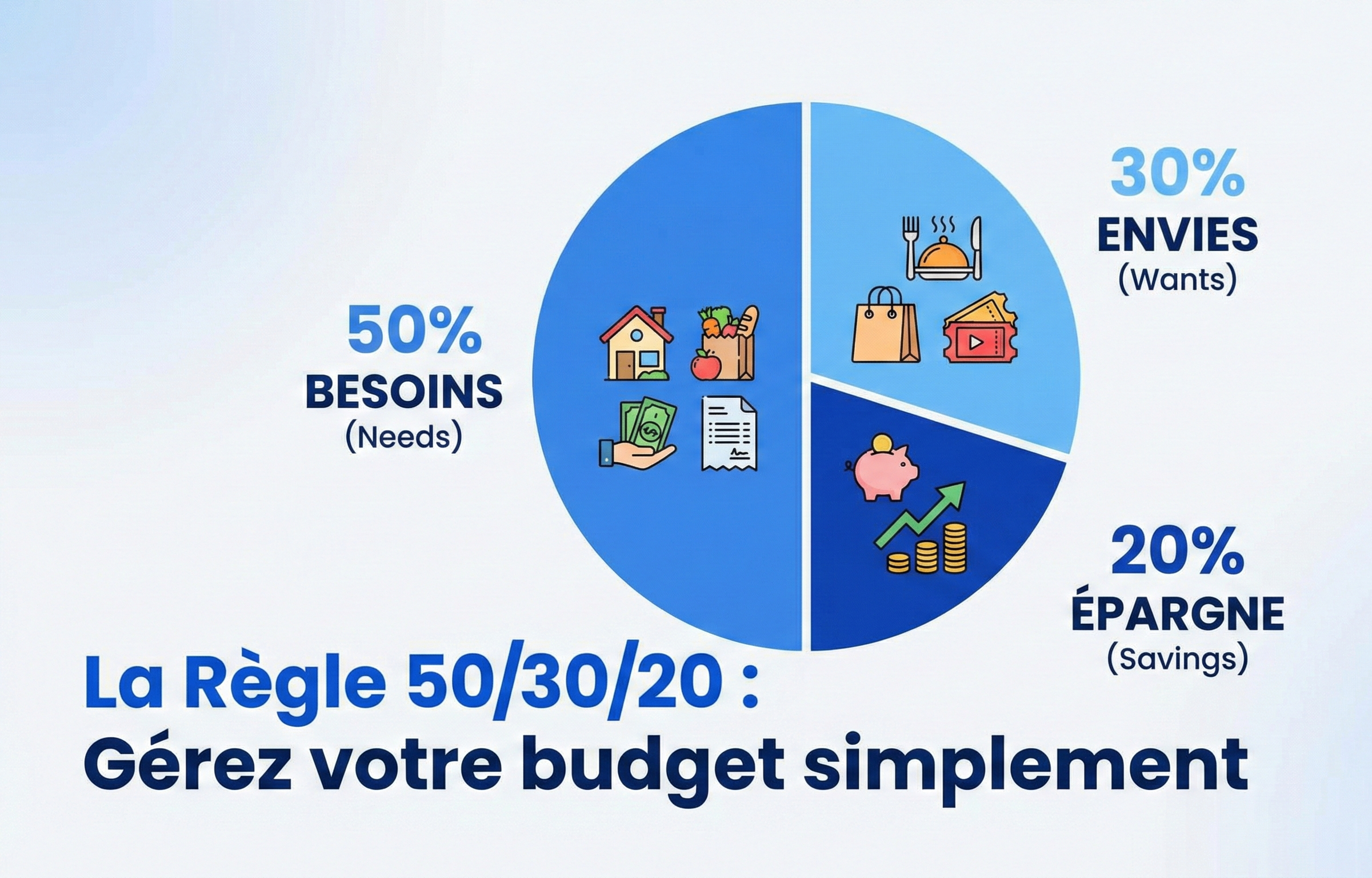 Infographie Pauséco illustrant la Règle 50/30/20 pour répartir son budget : 50% Besoins, 30% Envies et 20% Épargne.