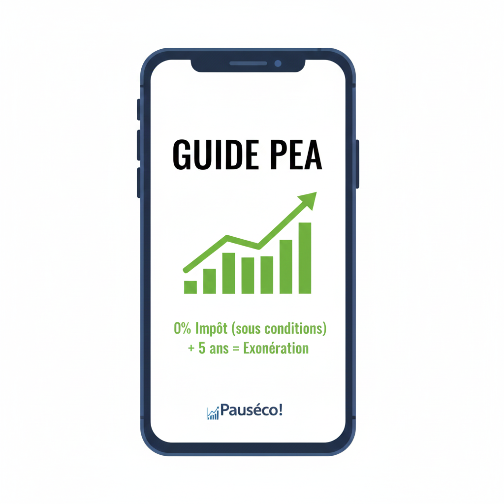 Illustration d'un Plan d'Épargne en Actions (PEA) affichant une croissance positive et des gains sur un smartphone.